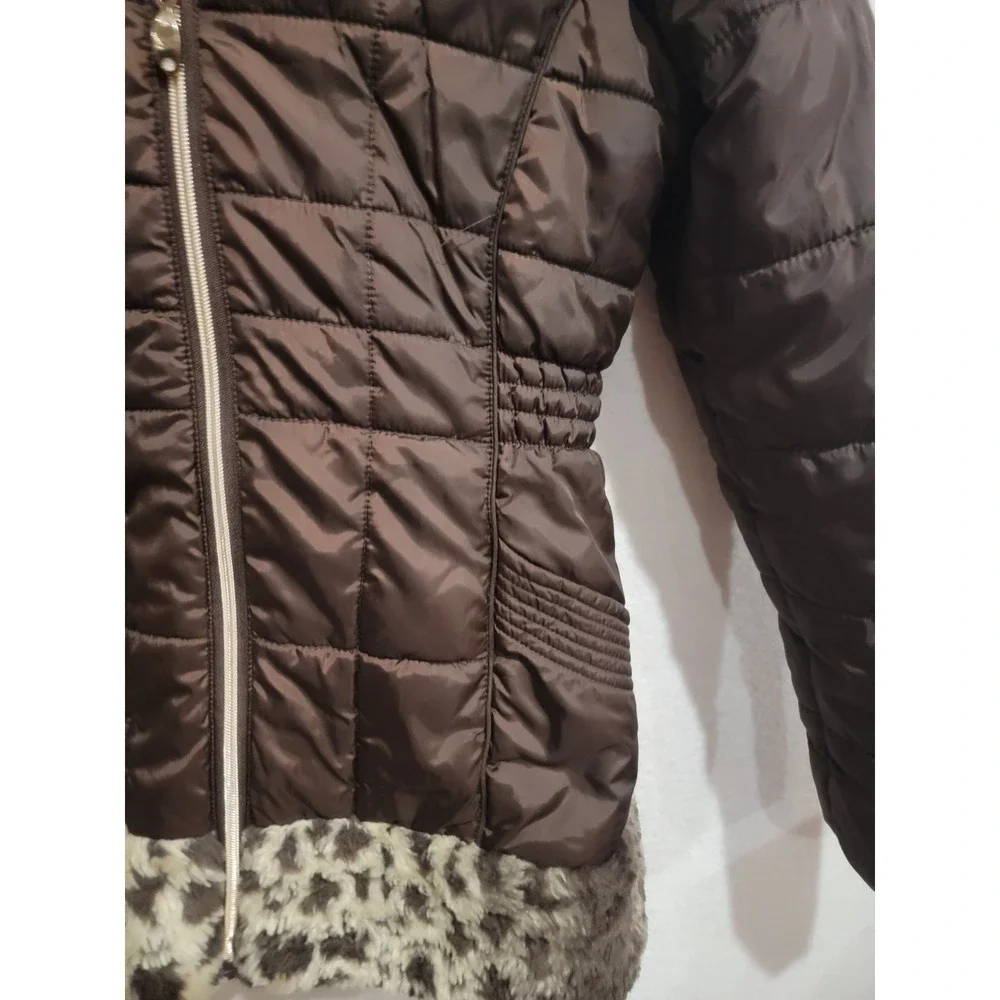 HAWKE & Co Girls Size 16 Brown Quilted Puffer Jacket Leopard Print Faux Fur Hood